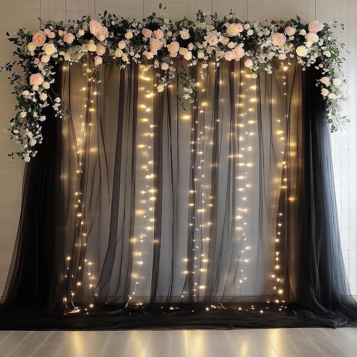 Tulle Backdrop Curtain with Lights String 10FT X 10FT Black Sheer Tulle Backdrop Curtains for Wedding Birthday Party Reception Photo Booth Background Decorations (2 Panels 5x10FT)