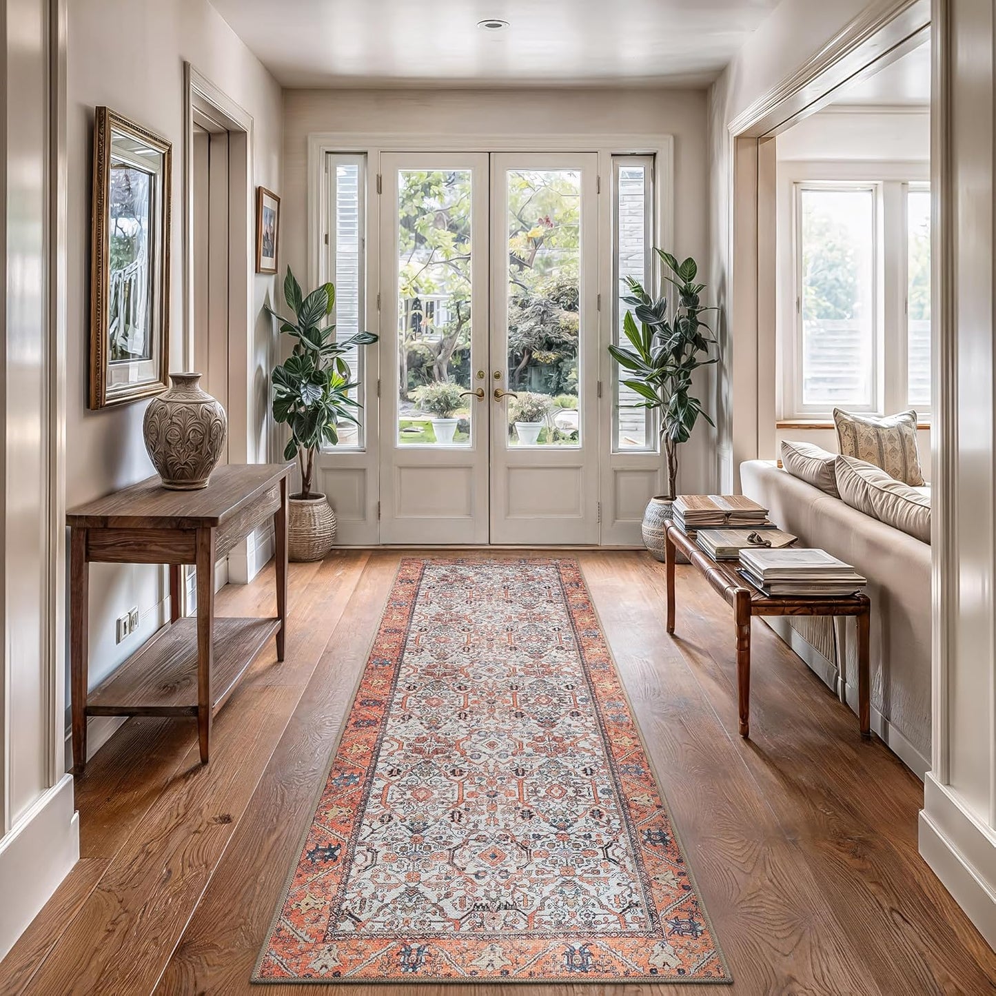 Bloom Rugs Washable Non-Slip 12 ft Runner - Orange Traditional Bordered Runner for Entryway, Hallway, Bathroom, and Kitchen - Exact Size: 2.5' x 12'