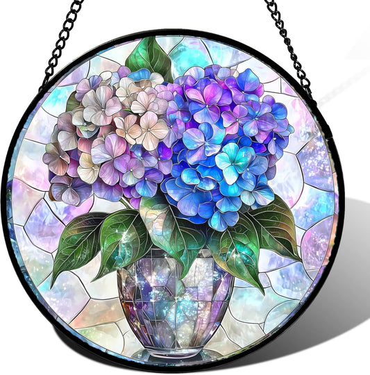 Stained Glass Window Hanging, Blue Purple Hydrangea Flowerpot Suncatcher for Doors Home Sun Catchers Decoration and Christmas, Mother's Day Birthday Gifts for Women, Men, and Mom 9.8 in