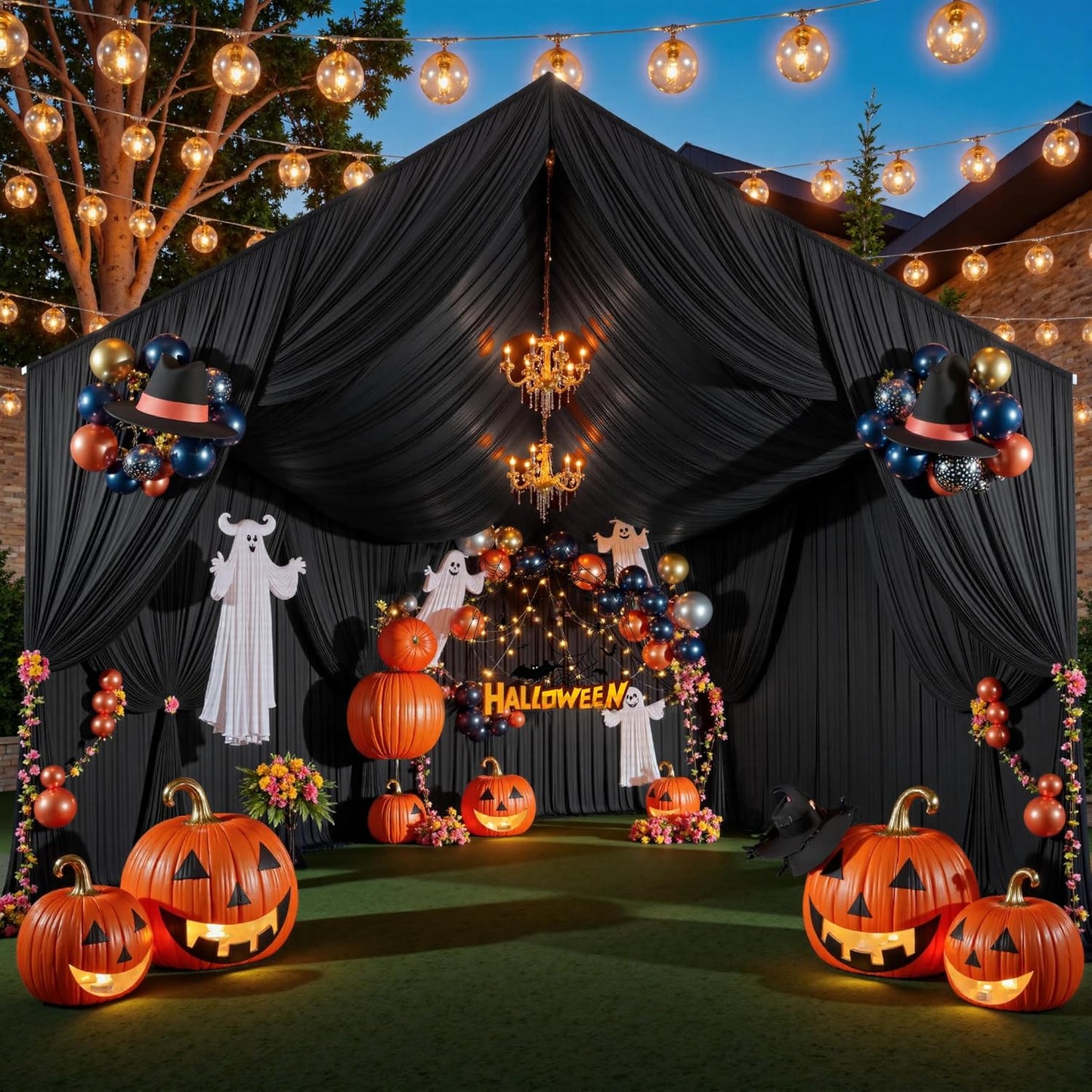 PartyVillage 2 Panels 5ftx30ft Black Ceiling Drapes for Halloween Parties – 30 FT Extra Long Thick Polyester Wrinkle-Free Drapery Tent Decor Decorations for Birthday Party Ceremony Stage Swag