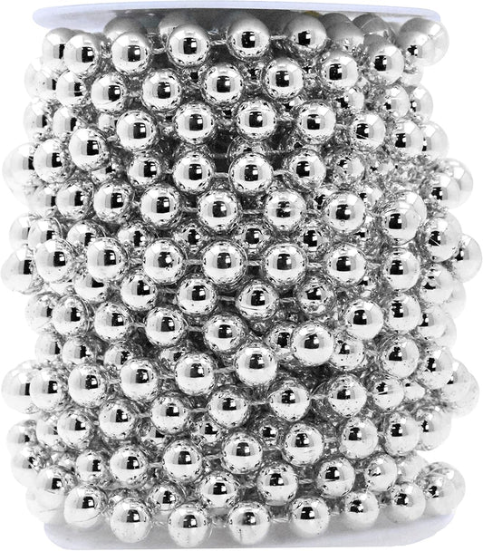 Mandala Crafts 10mm Faux Metallic Silver Pearl Beads Roll - 11 Yards Strand of Fake Pearls Chain Garlands Spool String for Christmas Tree, Wedding, Party, Vases, DIY Decoration