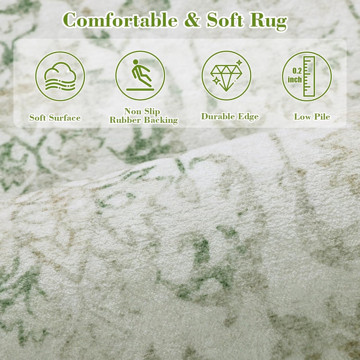 Green Vintage Area Rug 5x7 for Living Room Bedroom, Washable Distressed Farmhouse Soft Thin Non-Shedding Indoor Throw Rug, Traditional Accent Carpet for Bedroom Office