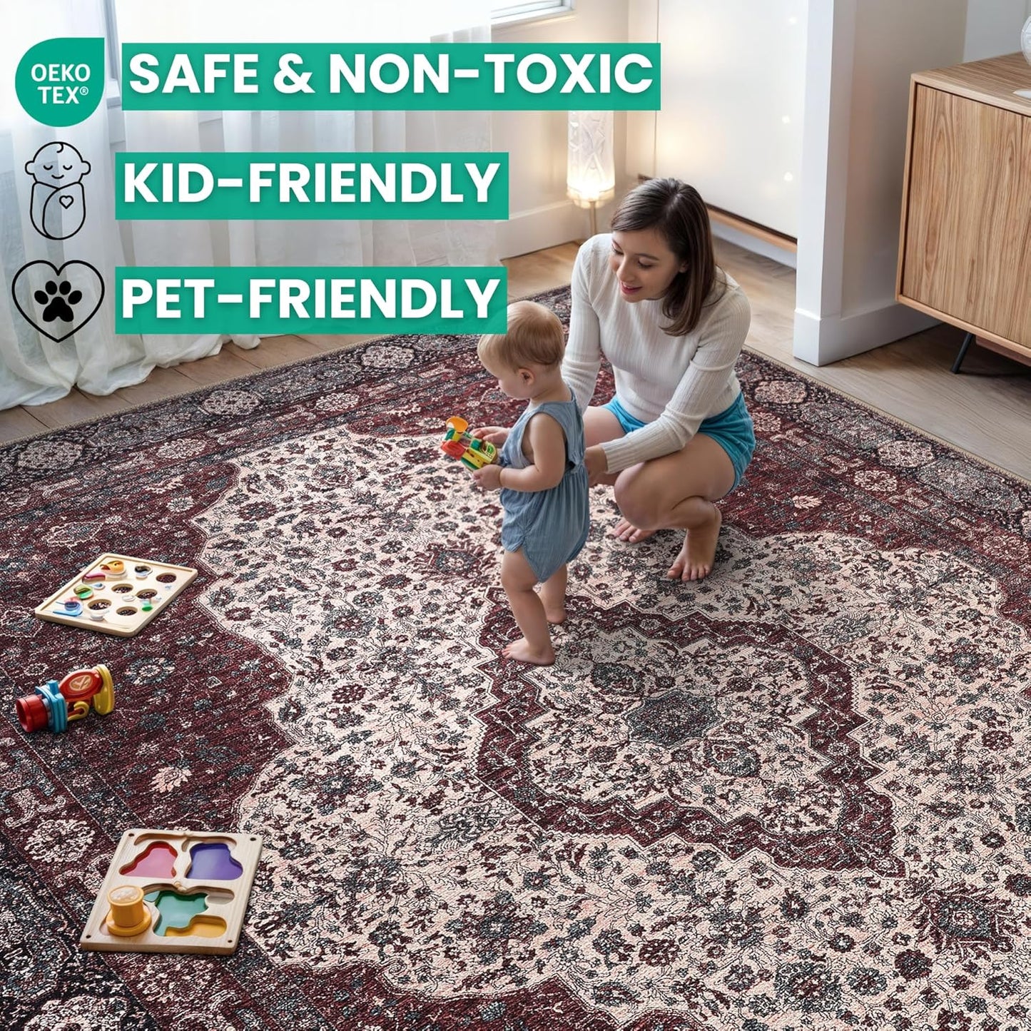 Bloom Rugs Washable Non-Slip 6' x 9' Rug - Red/Green/Cream Traditional Medallion Area Rug for Living Room, Bedroom, Dining Room, and Kitchen - Exact Size: 6' x 9'