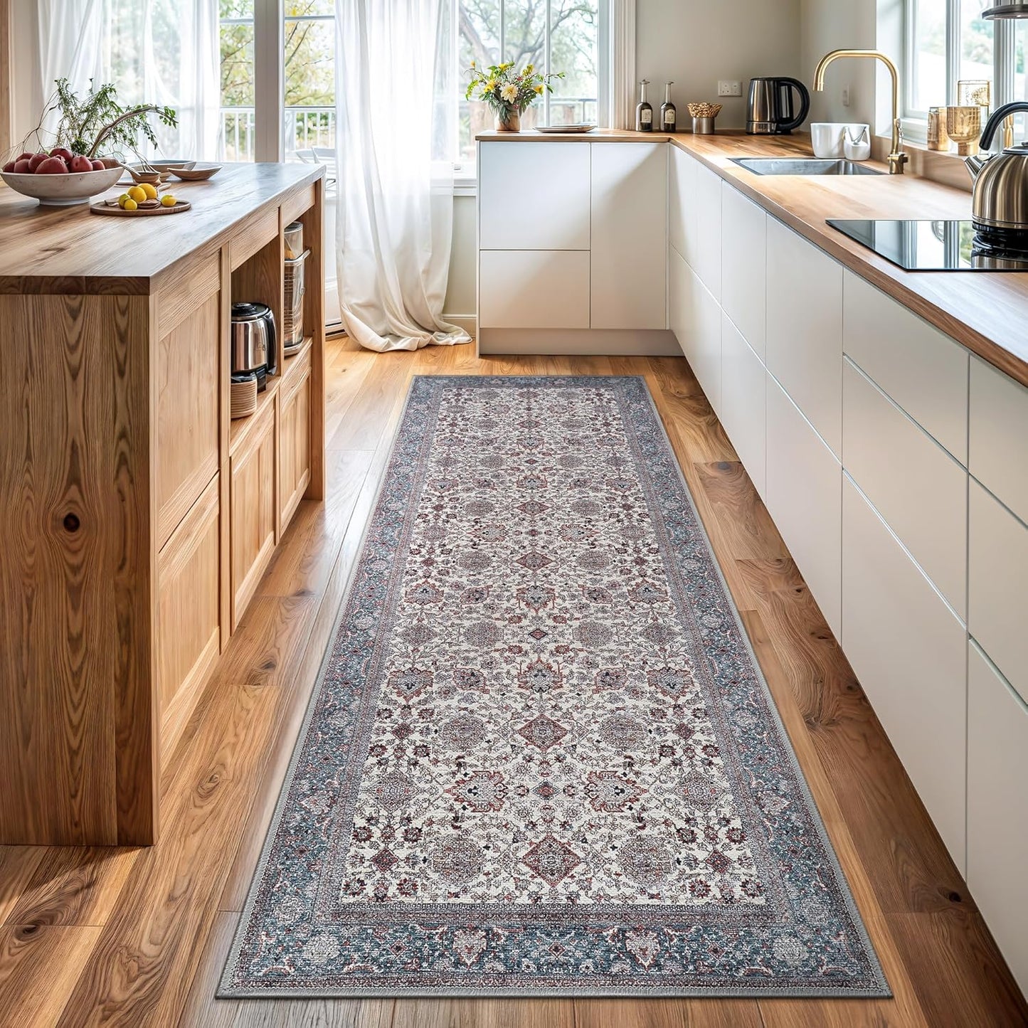 Bloom Rugs Washable Non-Slip 10 ft Runner - Teal/Blue/Beige Traditional Oriental Runner for Entryway, Hallway, Bathroom, and Kitchen - Exact Size: 2.5' x 10'