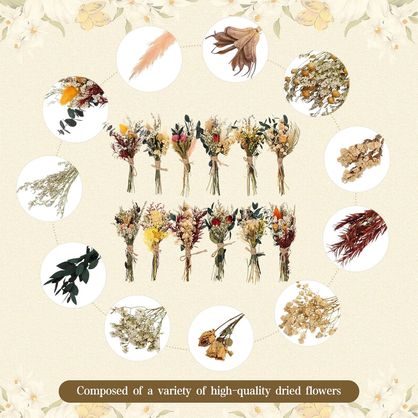 Layhit 12 Pack Boho Dried Flower Bouquet Mini Wedding Handmade Dry Flowers Decor for Vase Crafts DIY Photo Boutonniere for Men Floral Plant for Bridesmaid Gift Birthday Decor