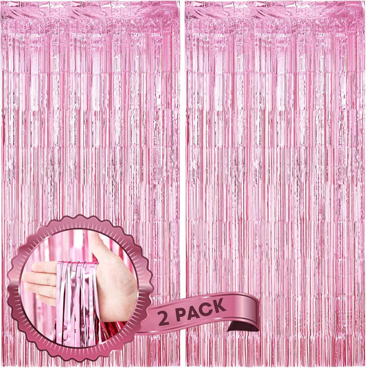 2 Pack Light Pink Foil Fringe Backdrop Curtains, Tinsel Streamers Birthday Party Decorations, Fringe Backdrop for Graduation, Baby Shower, Gender Reveal, Disco Party
