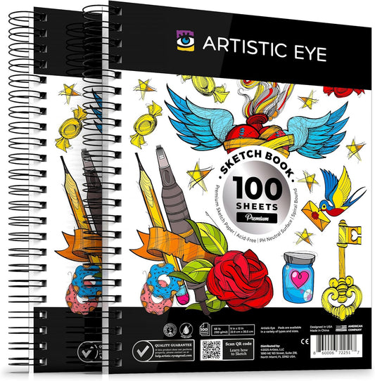 ARTISTIC EYE 9x12 Premium Sketch Book Set, 100 Sheets, Spiral Bound, 68lb (100gsm), Acid-Free Drawing Paper, Ideal for Kids, Teens & Adults (Set of 2)