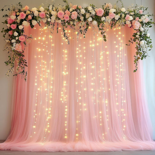 Tulle Backdrop Curtain with Lights String 10FT X 10FT Peach Sheer Tulle Backdrop Curtains for Wedding Birthday Party Reception Photo Booth Background Decorations (2 Panels 5x10FT)