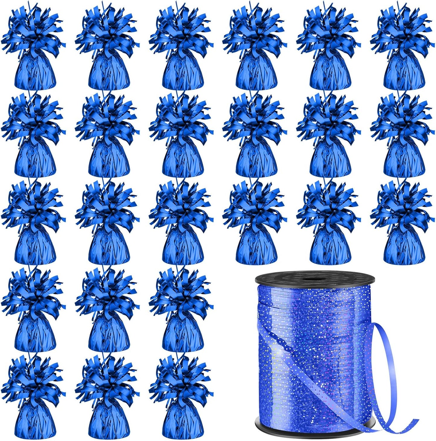 24 Pcs Balloon Weights Metallic Anchor Balloon Holder for Helium Balloons Heavy Table Weights and 1 Roll Iridescent Crimped Ribbon for Birthday Wedding Halloween Christmas Party(Blue)