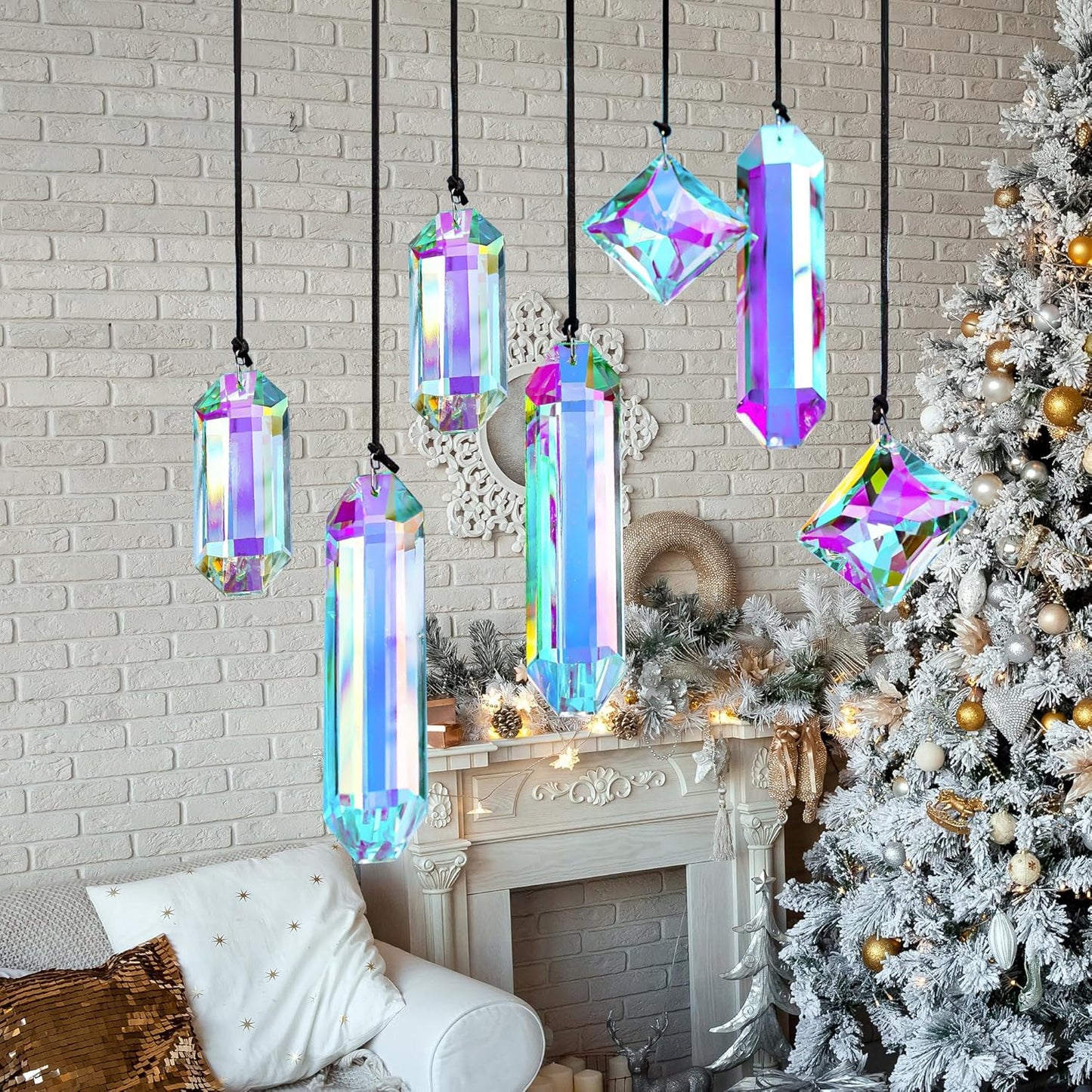 Crystal Prisms Ornament for Christmas Tree, 7 Pack Icicle Ornaments A/B Color Ornaments, Crystal Prism Suncatcher for Window Hanging for Women