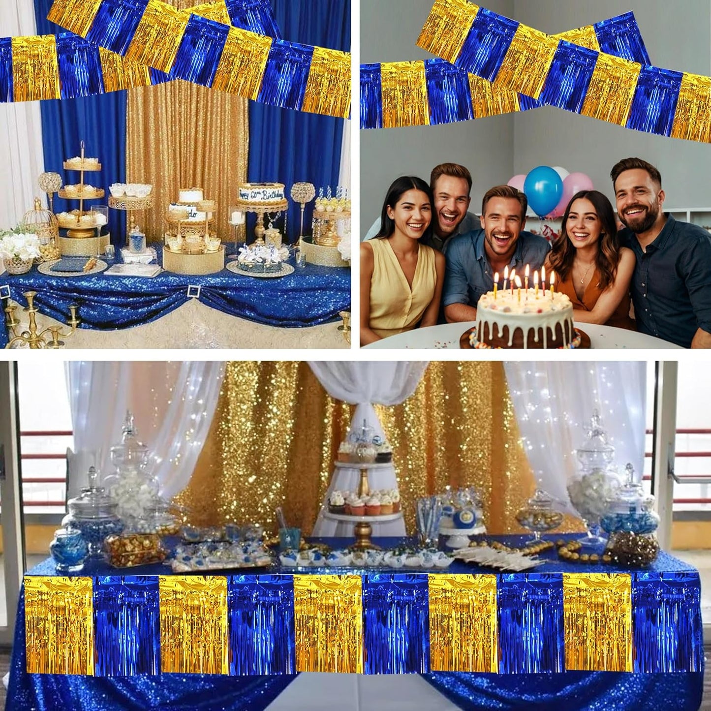 BEISHIDA 3 Packs Metallic Foil Fringe Garland Blue Gold Wall Hanging Tinsel Fringe Banners for Car Floats Bridal Shower Wedding Birthday Easter Graduation Holiday Party Decoration(30 Feet)