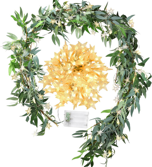 2 Mix Rustic Willow Garlands, Bendable Artificial Greenery Vine Leaves for Wedding Home Decoration with 33 Feet Star String Lights (Battery Operated) by FiveSeasonStuff