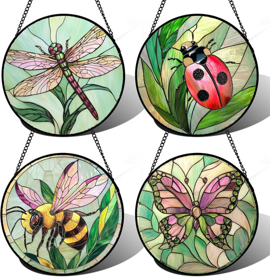 Stained Glass Window Hanging 4 Pcs Set Pink Green Insect Theme 9.8" - Butterfly Suncatcher Door Garden Sun Catcher Decor Birthday Christmas for Mom Woman Nana Men