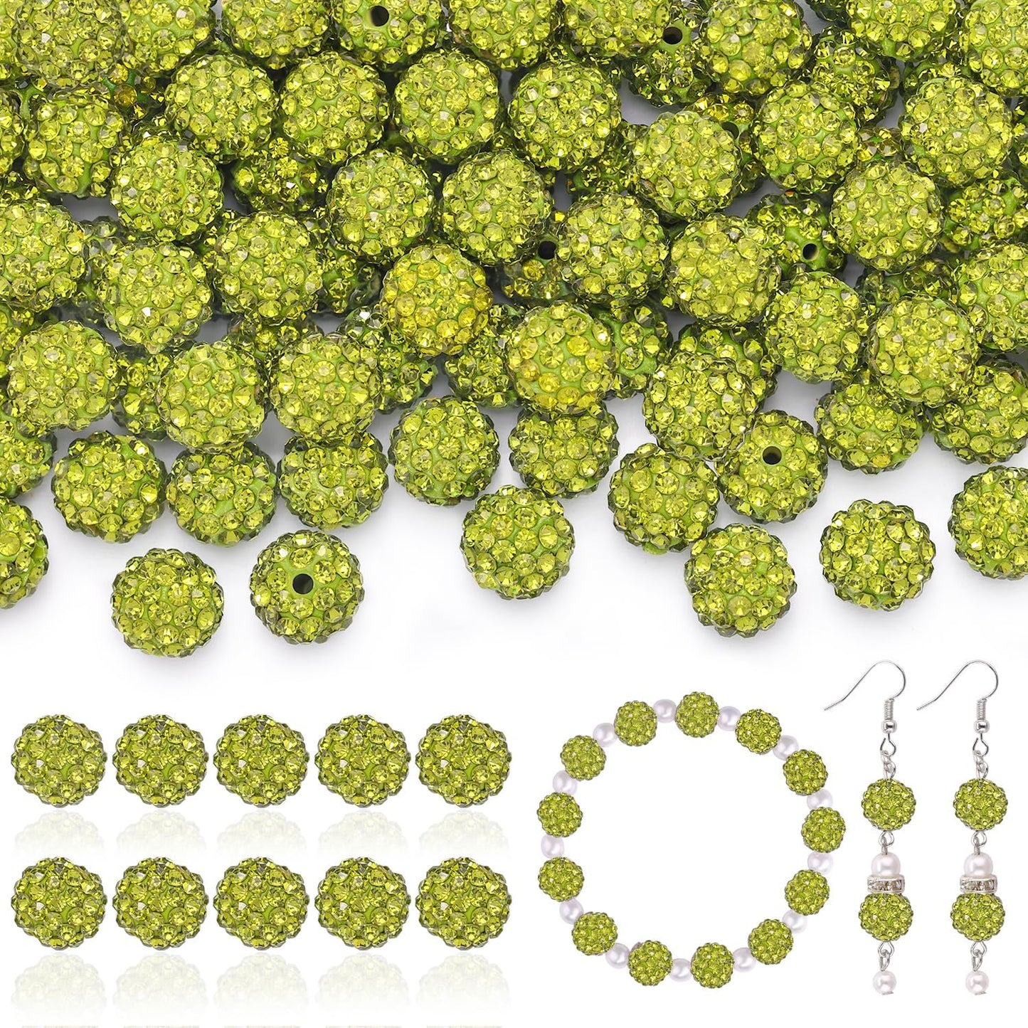 105pcs 10mm Rhinestone Beads for Jewelry Making, Olivine Shiny Round Disco Ball Beads Bulk, Sparkle Crystal Clay Christmas for Bracelet Baseball Necklace Earring Crafting and DIY