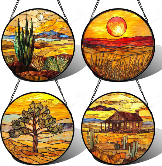 Stained Glass Window Hanging 4 Pcs Set Desert Sunset Theme Landscape 6.3" - Suncatcher Door Garden Sun Catcher Decor Birthday Christmas for Mom Woman Nana Men
