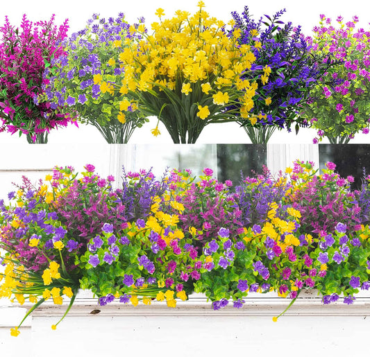 20 Bundles Artificial Flowers Outdoor UV Resistant No Fade Fake Plants Faux Plastic Shrubs for Garden Patio Porch Window Box Home Wedding Farmhouse Hanging Décor