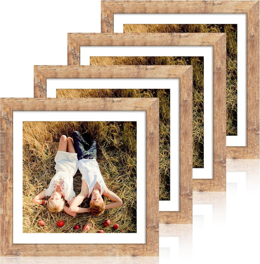 12x12 Picture Frame Set of 4 with Tempered Glass, Rustic Brown Frame Display 10x10 Pictures with Mat or 12 x 12 Without Mat, Wood Square Photo Frames for Desktop Display and Wall Mounting