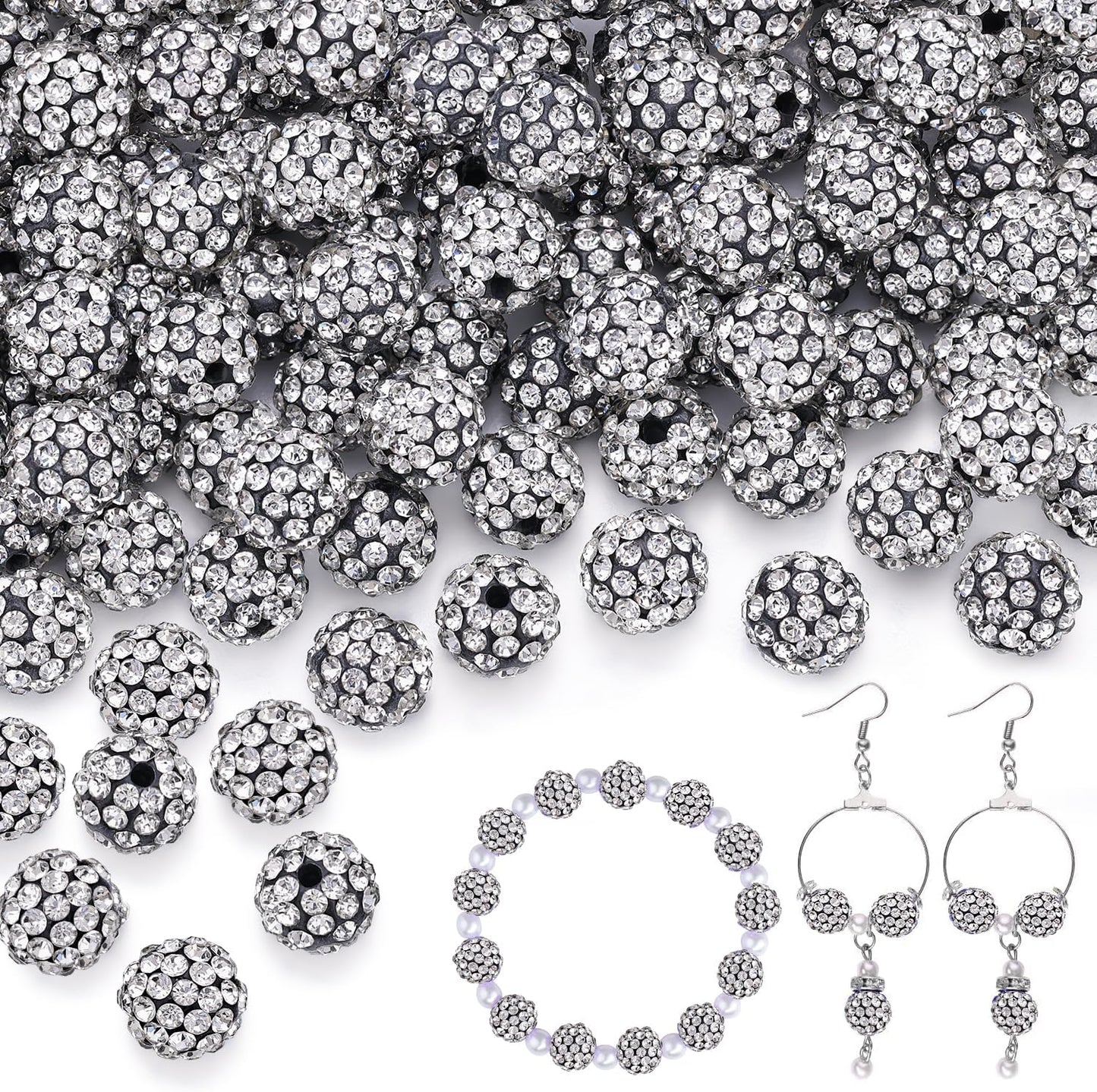 150pcs 10mm Rhinestone Beads for Jewelry Making, Black White Shiny Round Shamballa Disco Ball Beads, Sparkle Crystal Clay Christmas for Bracelet Baseball Necklace Earring Crafting and DIY