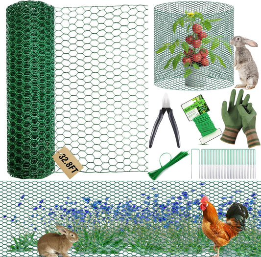 32.8FT x16Inch Plant Protectors from Animals - Wire Plant Protector Cages for Outdoor Plants, Free-Cut Metal Mesh Plant Covers Guards Fence, Chicken Wire Cloche with Ground Stakes,Zip Ties
