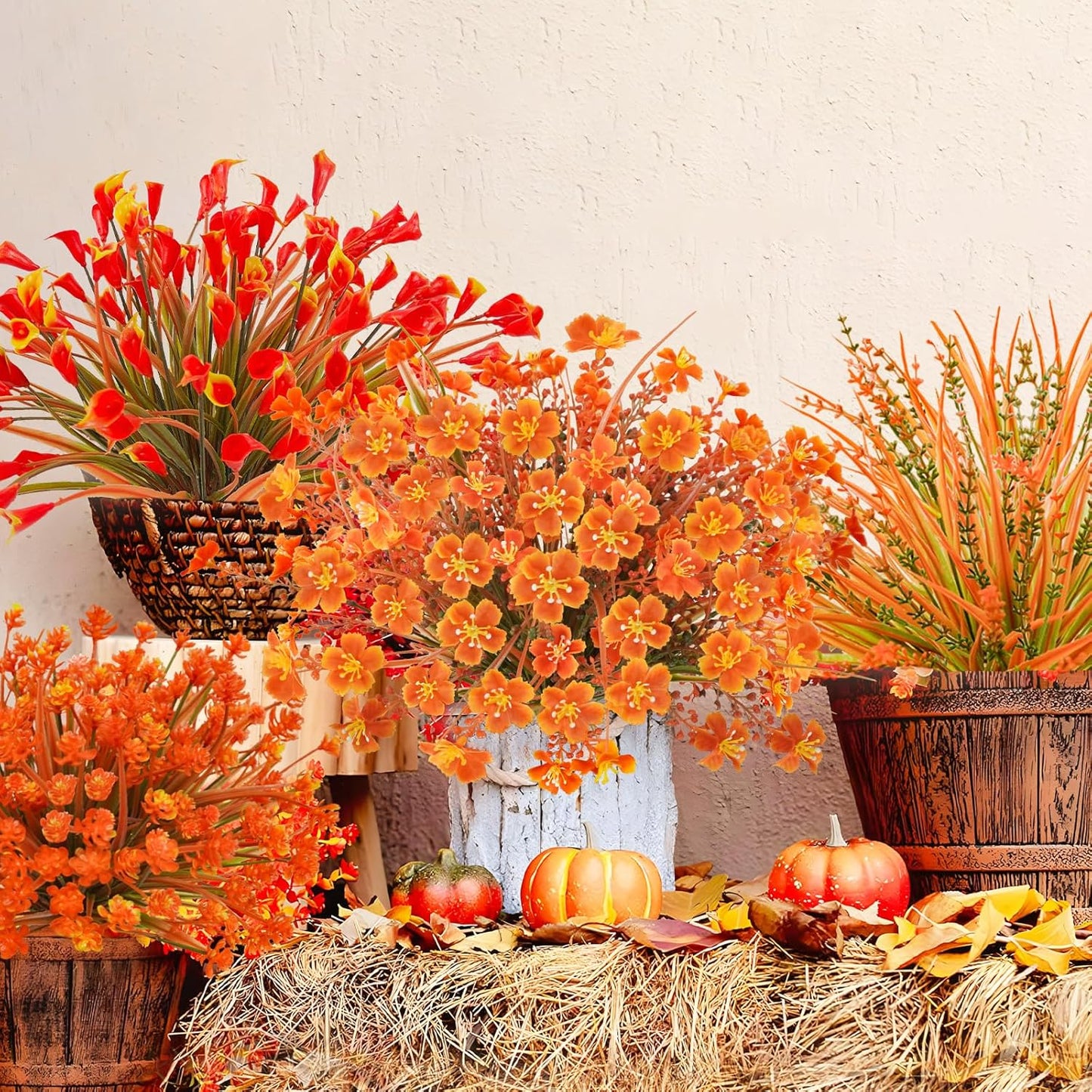 16Pcs Outdoor Fall Flowers UV Resistant Artificial Fall Flowers Autumn Plastic Flowers Plants Fall Greenery Shrubs for Outside Garden Front Porch Patio Thanksgiving Decor