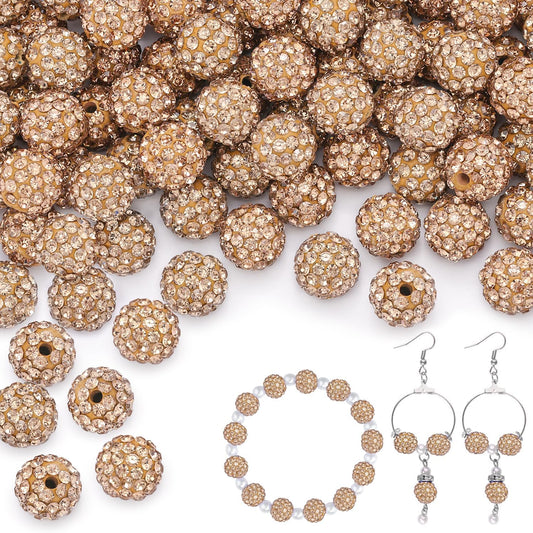 200pcs 10mm Light Brown Rhinestone Beads for Jewelry Making, Shiny Round Shamballa Disco Ball Beads, Sparkle Crystal Clay Christmas for Bracelet Baseball Necklace Earring Crafting and DIY