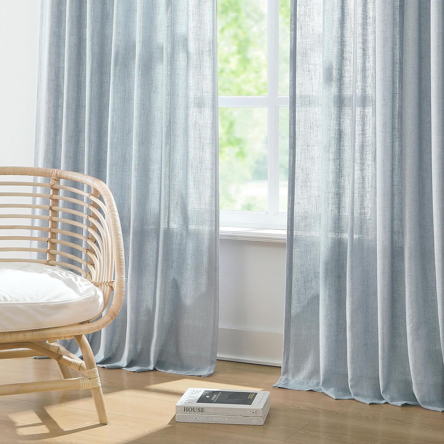 Vision Home Blue Fog Pinch Pleated Semi Sheer Curtains Textured Linen Blended Light Filtering Window Curtains 90 inch for Living Room Bedroom Patio Pinch Pleat Drapes with Hooks 1 Panel 60" Wx90 L