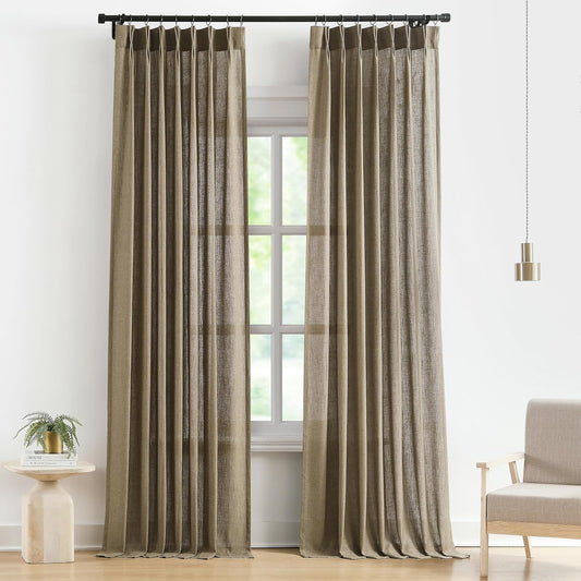 Vision Home Brown Pinch Pleated Semi Sheer Curtains Textured Linen Blended Light Filtering Window Curtains 120 inch for Living Room Bedroom Pinch Pleat Drapes with Hooks 10ft 2 Panels 40" Wx120 L
