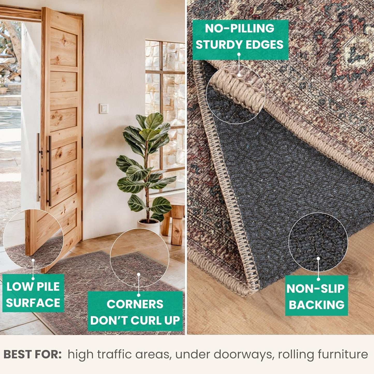 Bloom Rugs Washable Non-Slip 12 ft Runner - Beige Traditional Bordered Runner for Entryway, Hallway, Bathroom, and Kitchen - Exact Size: 2.5' x 12'