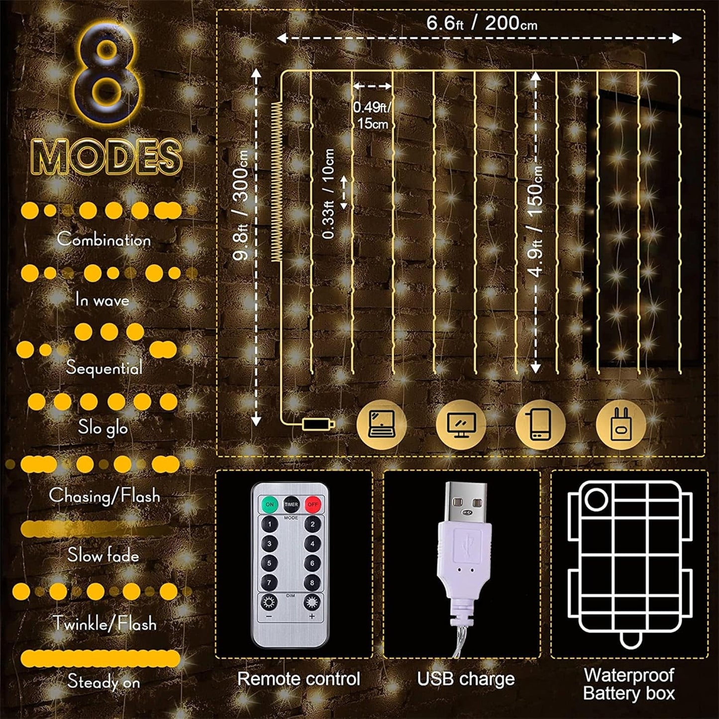 Meonum Curtain Tapestry Backdrop String Lights, Each 13 Strings 6.6 x 5 ft Tapestry Fairy String Light, 8 Modes Window Wall Hanging Light Strings for Bedroom Christmas Curtain Decor(3 Pack)