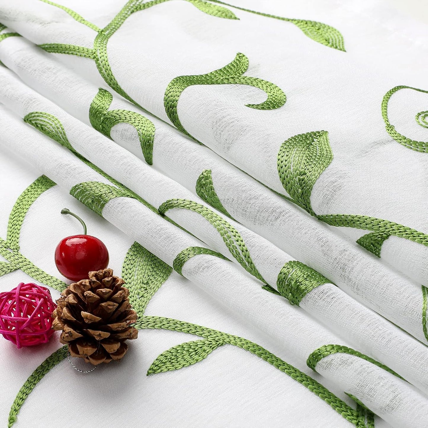 VISIONTEX Embroidered Green Sheer Voile Curtains, Leaves Embroidery Faux Linen Rod Pocket Window Drapes for Living Room and Girls Bedroom 54 x 63 Inch, Set of 2 Curtain Panels