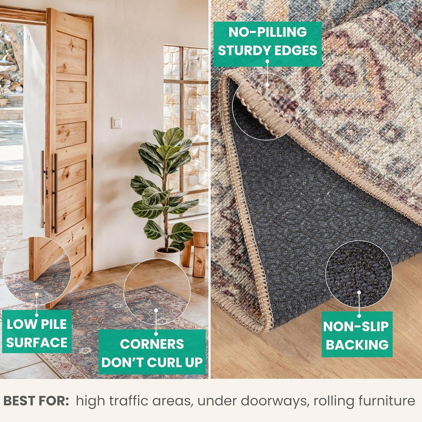 Bloom Rugs Washable Non-Slip 3' x 5' Rug - Beige/Blue Traditional Bordered Area Rug for Living Room, Bedroom, Dining Room, and Kitchen - Exact Size: 3' x 5'