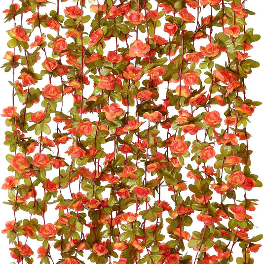 KHOYIME 5 Pack 40 FT Artificial Fall Flower Garland, Fake Orange Roses Vines Silk Flowers Faux Plastic Outdoor Hanging Floral Garland Autumn Decoration for Indoor Table Home Wall Backdrop Room Decor