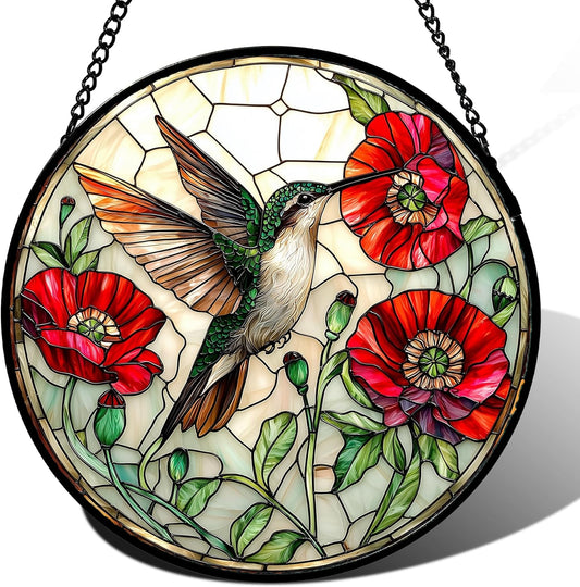 Stained Glass Window Hanging - Green Hummingbird Red Flower Suncatcher for Door Terrace Garden Home Decor Bird Landscape Sun Catcher Birthday Gifts for Lovers Women Men Dad Mom Nana 9.8 in