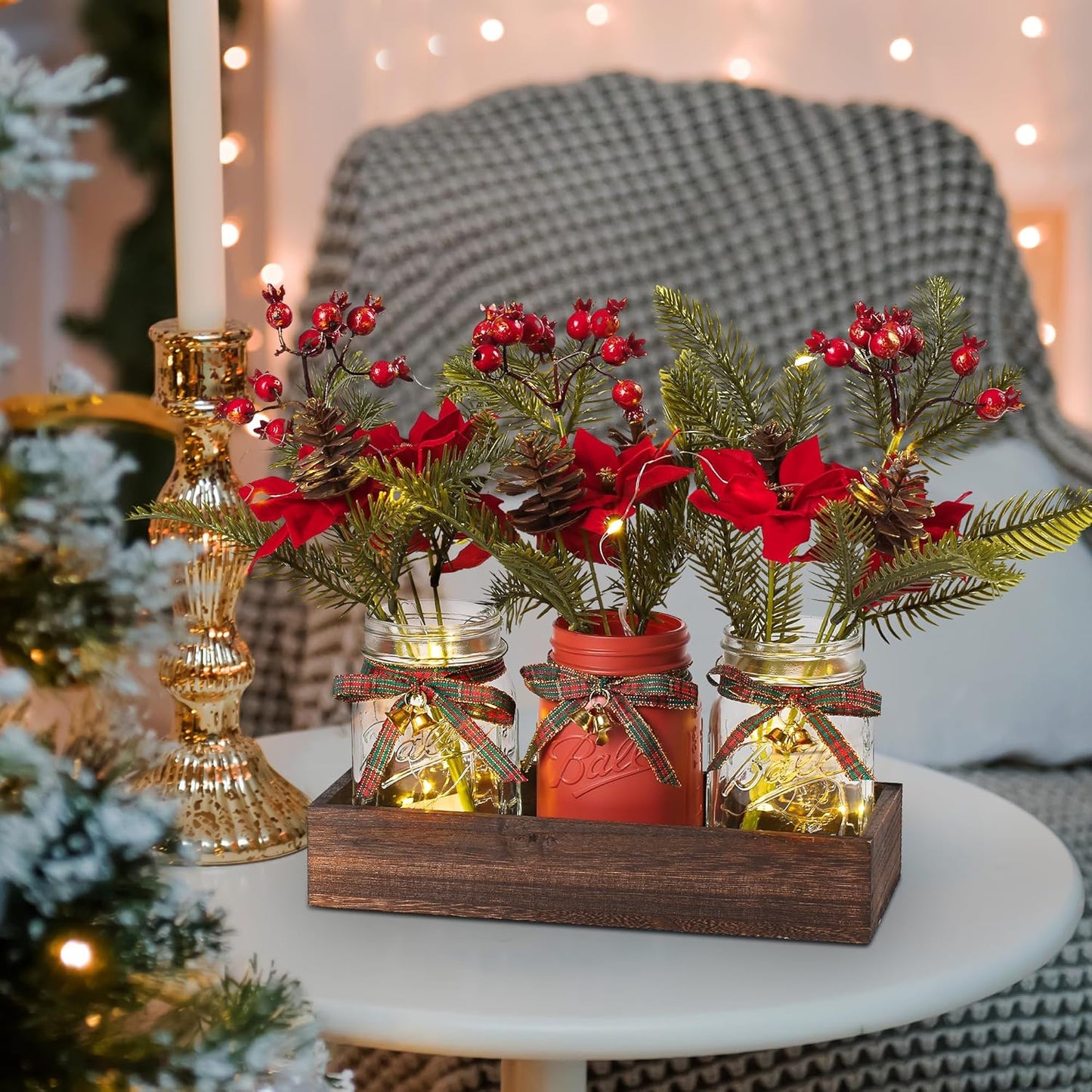 3 Pcs Mason Jar Centerpiece Decorations for Christmas Table Decor Farmhouse Coffee Table Decor Christmas Kitchen and Room Decor,Red