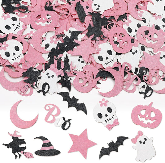 MARFOREVER Pink Halloween Confetti Glitter, Halloween BOO Witch Bat Pumpkin Ghost SkeletonTable Scatter Confetti Sprinkles for Halloween Birthday Party Supplies Decorations