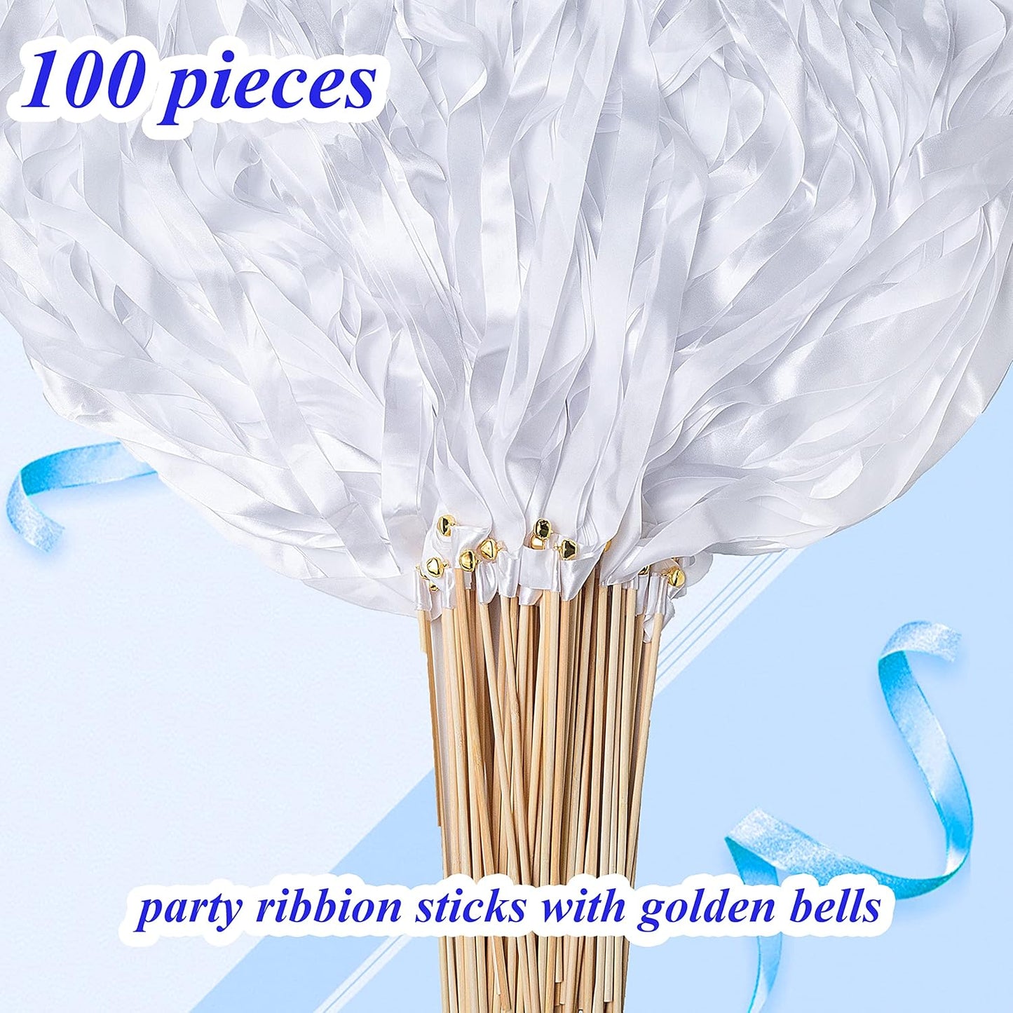 60 Pieces Wedding Colorful Ribbon with Bells, Party Ribbons Streamers Sticks Magic Wish Fairy Wand for Wedding Party Holiday Activities Favors (White-100)