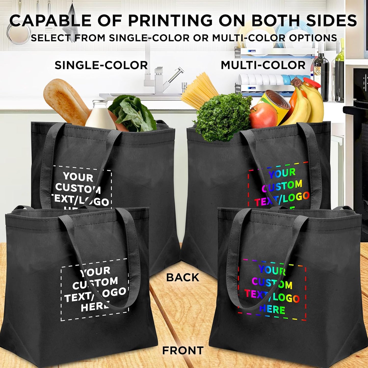 DISCOUNT PROMOS Custom Southern Style Grocery Tote Bags Set of 10 - Personalized Bulk Pack, Reusable Grocery & Shopping Bags - Great for Travel, Carry on Bag, Business Promotions - Black - 20"X13"X8"