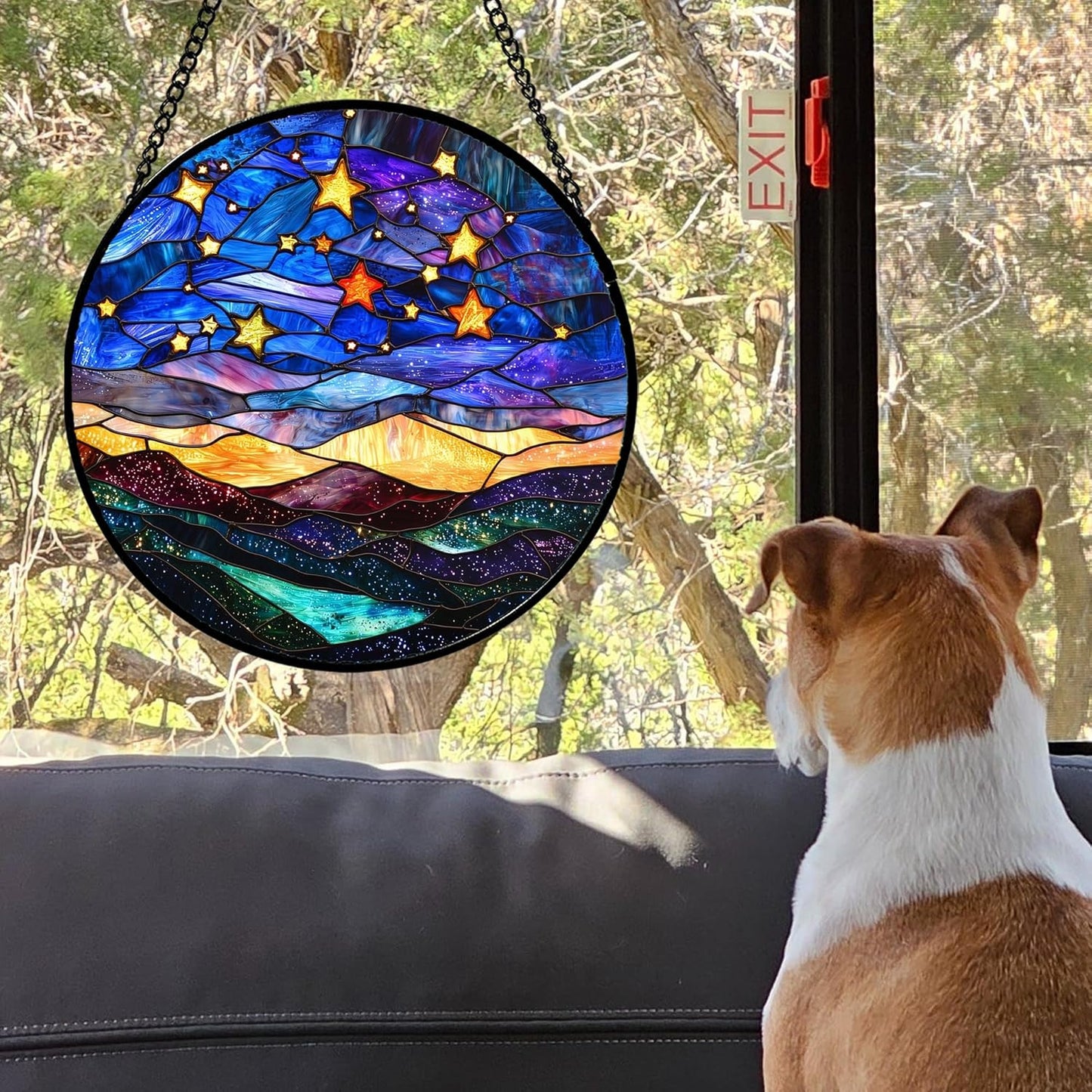 Stained Glass Window Hanging, Blue Sky Gold Stars Abstract Landscape Suncatcher for Doors Window Home Sun Catchers Decor Mother's Day Birthday Gifts for Women, Men Mom 6.3 in