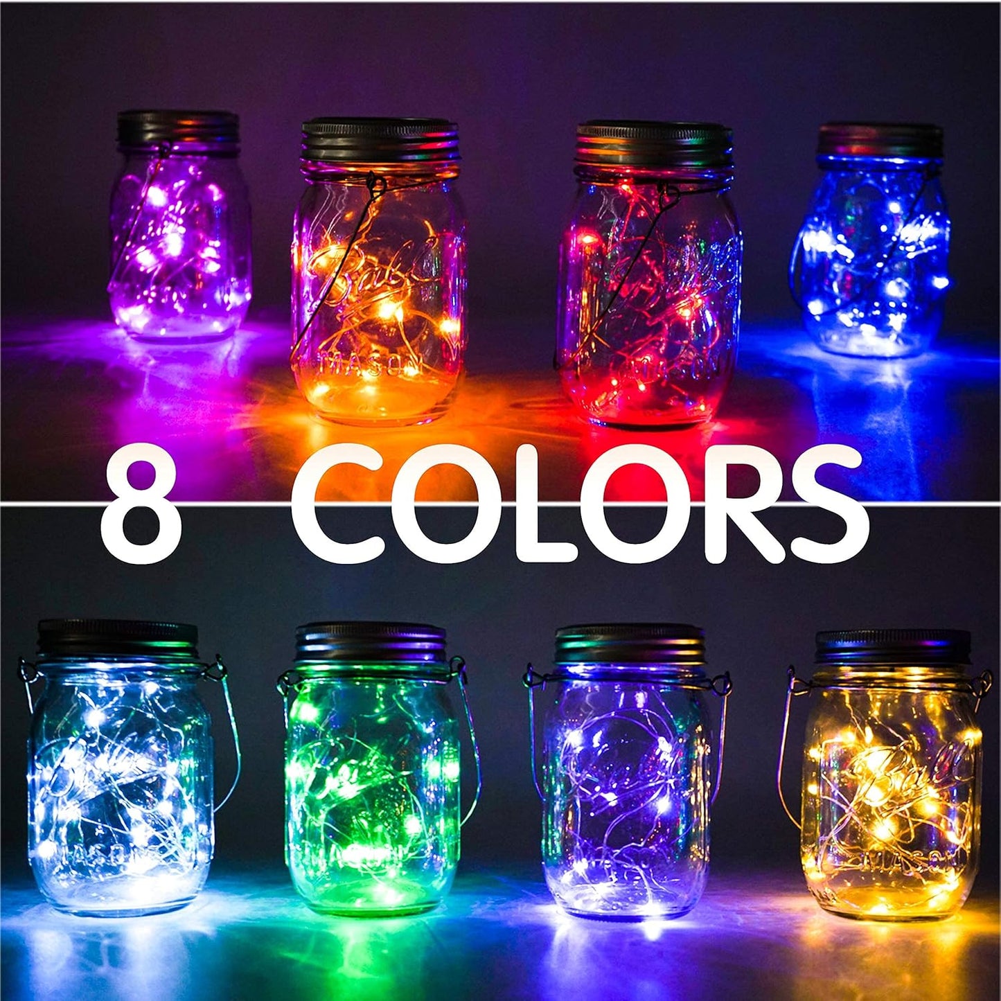 Upgraded Solar Mason Jar Lights, 8 Pack 10 LED Waterproof Fairy Firefly Jar Lids String Lights with Hangers(Jars not Included), Patio Yard Garden Wedding Easter Decoration - 8 Colors