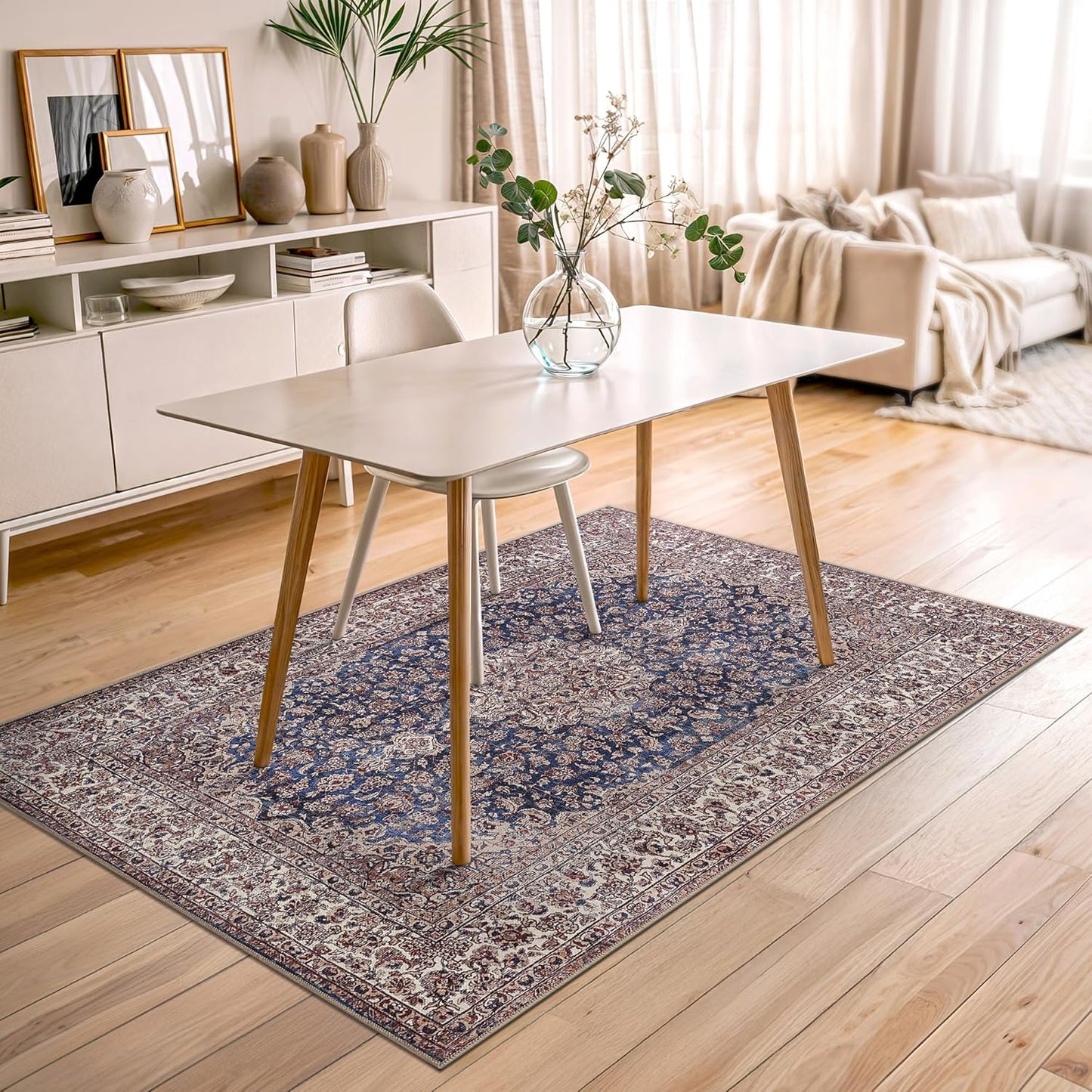 Bloom Rugs Washable Non-Slip 4' x 6' Rug - Dark Blue/Beige Traditional Medallion Area Rug for Living Room, Bedroom, Dining Room, and Kitchen - Exact Size: 4' x 6'