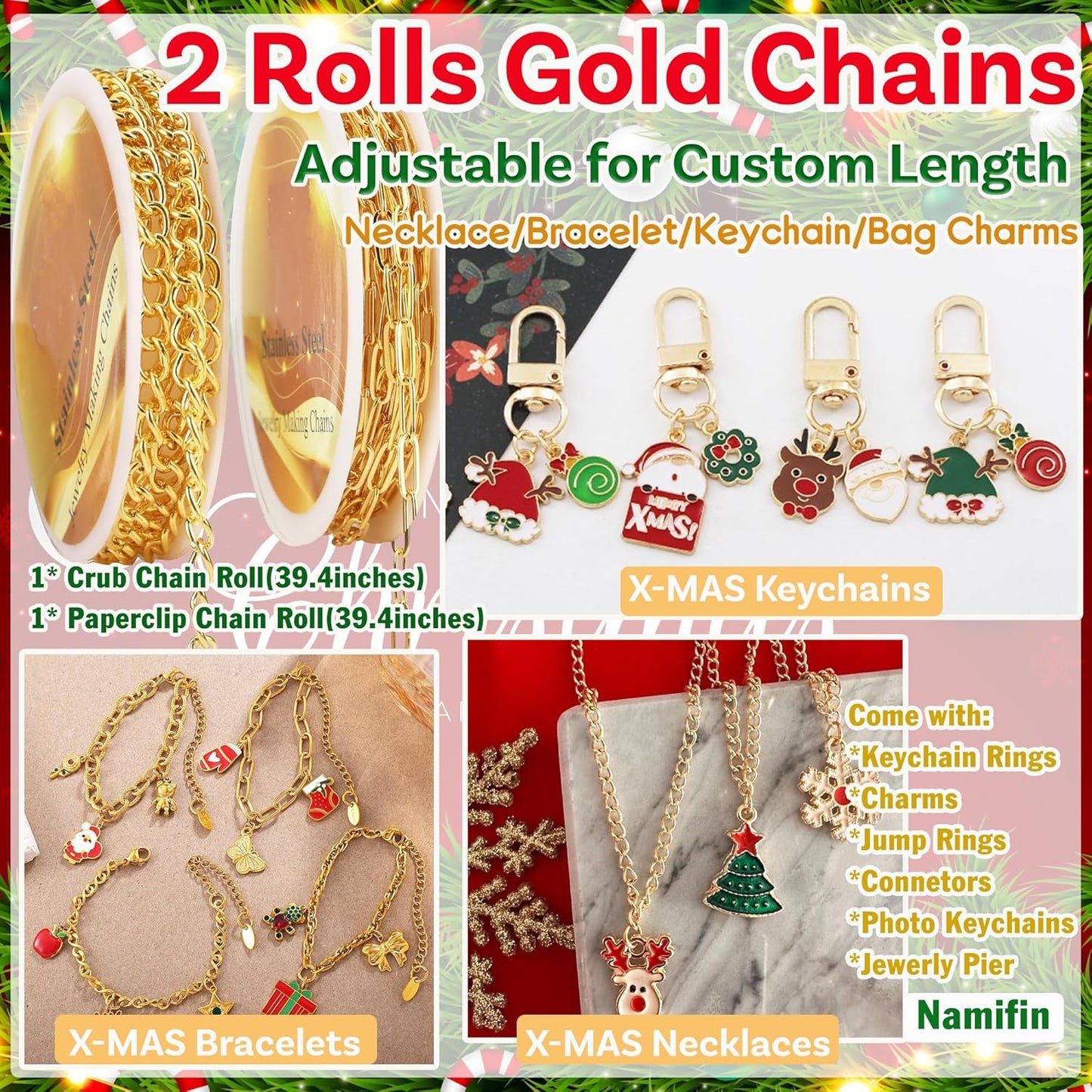 Namifin 374 Pcs Christmas Keychain Making Kit with Charms & Keychain Clips - DIY Bag Charms, Pearl Keychains, Photo Keychains, Personalized Gifts for Friends Small Business