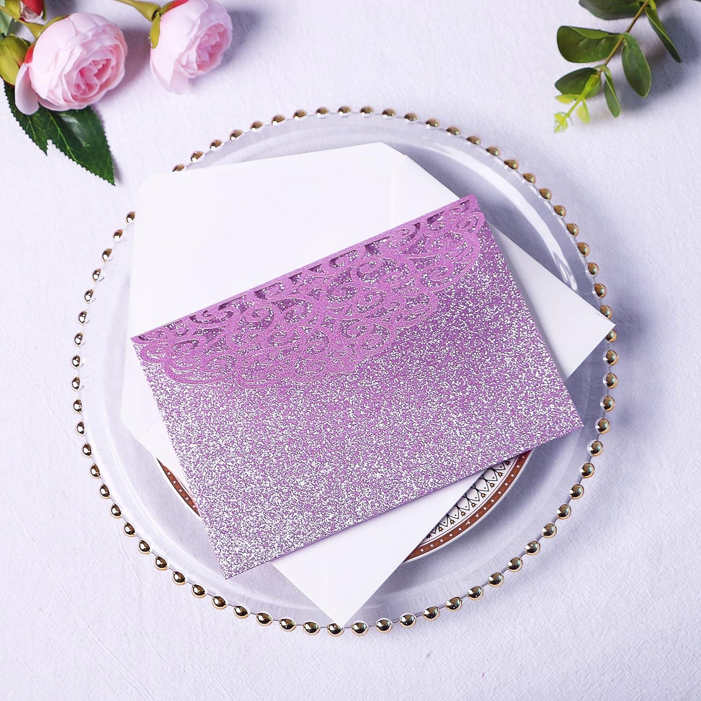 PONATIA 20 PCS Laser Cut Wedding Invitations Pockets with Envelopes for Wedding Party Bridal Shower Engagement Birthday Invite (Purple Glitter)