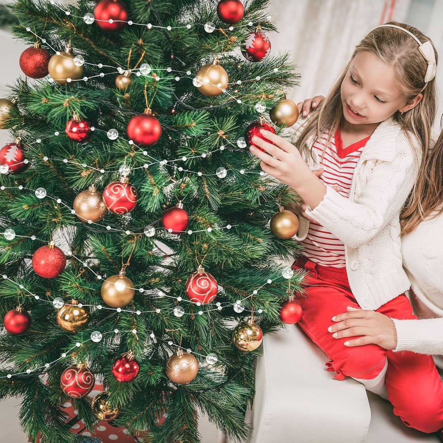 JULBEAR Beads Garland Decoration, 1Rolls 131Feet Clear Christmas Pearl Strands Chain Bead Garland for Christmas Tree Fireplace Wreath Gift Bouquet Crafts Wrapping Wedding Party Centerpieces