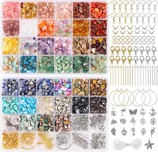 QUEFE 720pcs Crystal Chips Beads Ring Making Kit, 40 Colors Crystal Chips and Gemstone Beads for Jewelry Making Crystal Beads for Ring, Bracelets Earring Making Supplies, Craft Gifts