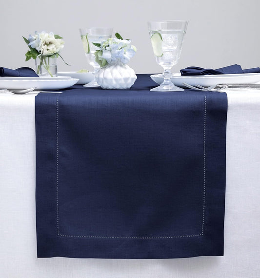 Solino Home Linen Navy Blue Table Runner 60 Inches - Classic Hemstitch, 100% Pure Linen Coffee Table Runner 14 x 60 Inch Ideal for Dresser Tables - Fall, Autumn, Halloween, Thanksgiving, Christmas