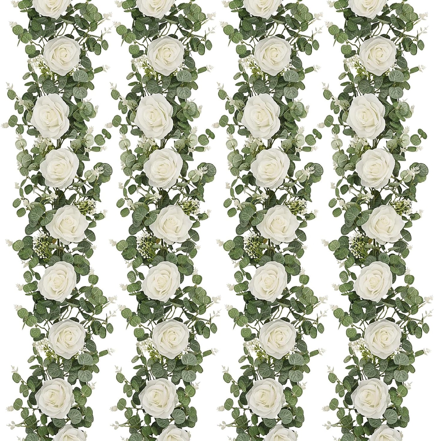 Dolicer 4Pcs 26Ft Artificial Eucalyptus Garlands with Flowers - 8 Roses, Faux Floral Greenery Garlands Fake Flowers Vines for Wedding Table Centerpieces Arch Party Ceremony Backdrop Decor (White)