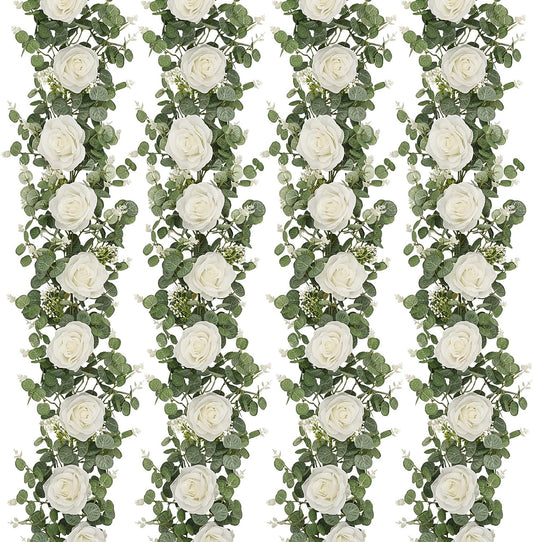 Dolicer 4Pcs 26Ft Artificial Eucalyptus Garlands with Flowers - 8 Roses, Faux Floral Greenery Garlands Fake Flowers Vines for Wedding Table Centerpieces Arch Party Ceremony Backdrop Decor (White)