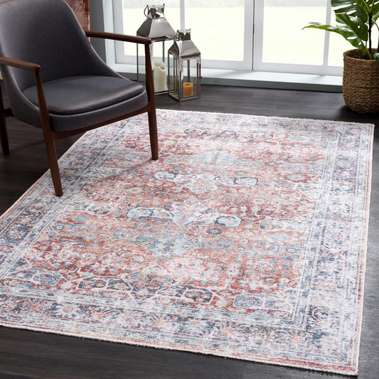 Bloom Rugs Washable Non-Slip 2x3 Rug - Brick/Dark Blue Traditional Oriental Area Rug for Living Room, Bedroom, Dining Room, and Kitchen - Exact Size: 2' x 3'