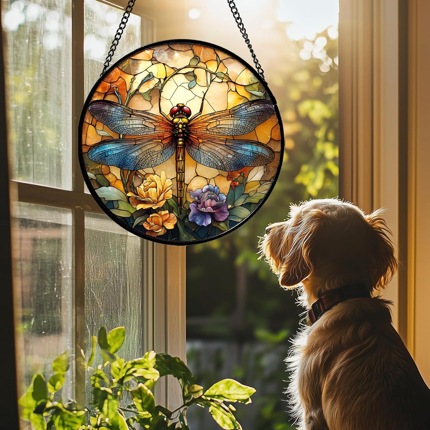 Stained Glass Window Hanging - Orange Blue Dragonfly Flower Suncatcher for Doors Window Home Sun Catchers Decor Christmas Mother's Day Birthday Outdoor Gifts for Women Men Mom Nana 7.8 in