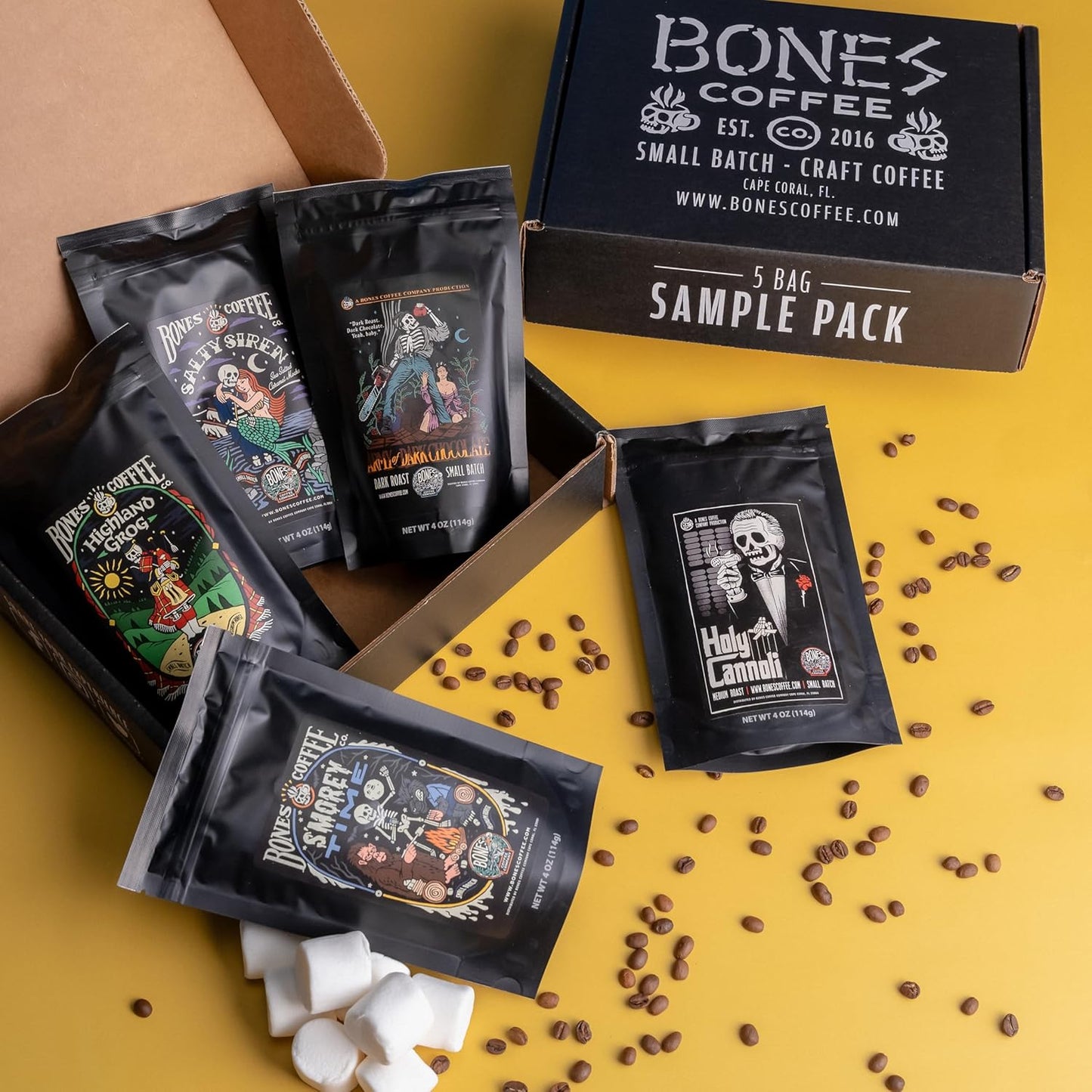 Bones Coffee Company NEW Favorite Flavors Sample Pack, Assorted Flavored Coffee Medium Roast Arabica Beans Specialty Coffee Gifts, Auto Drip and French Press Compatible, 4 oz Pack of 5 Whole Bean